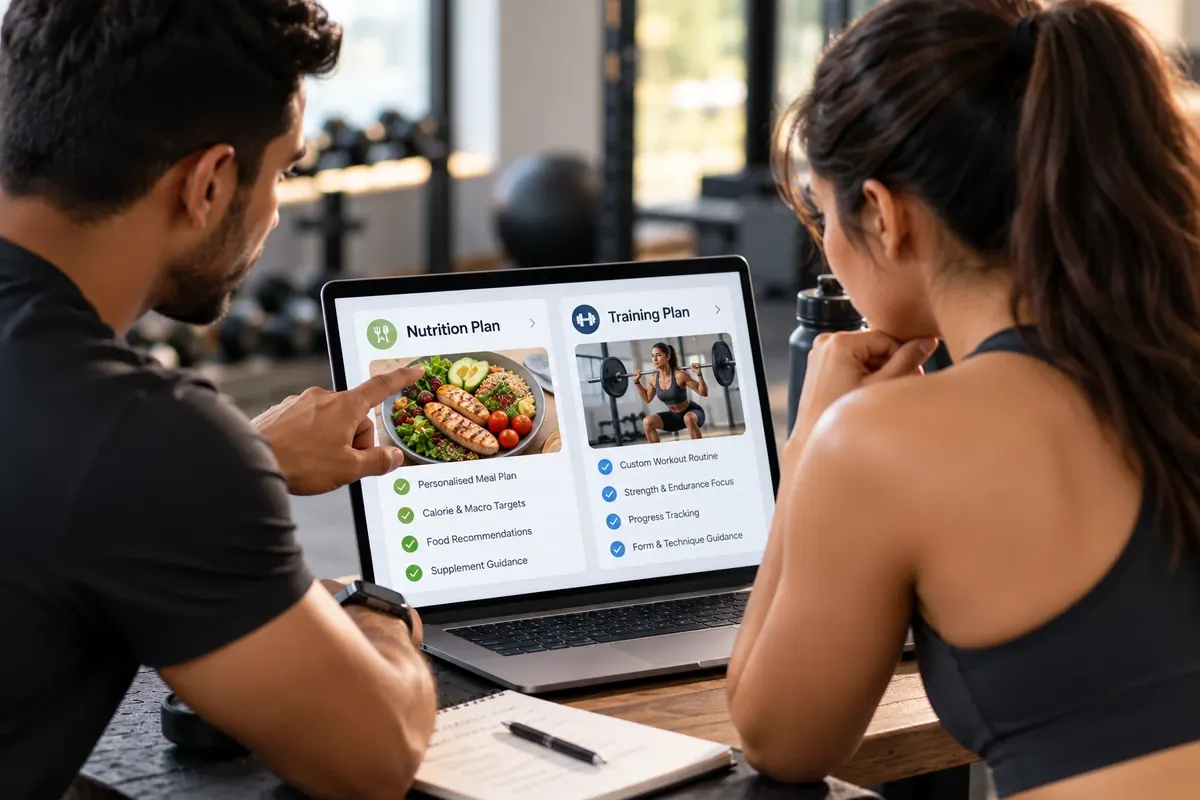An expert pointing through an athlete’s nutrition and training plan on a laptop.