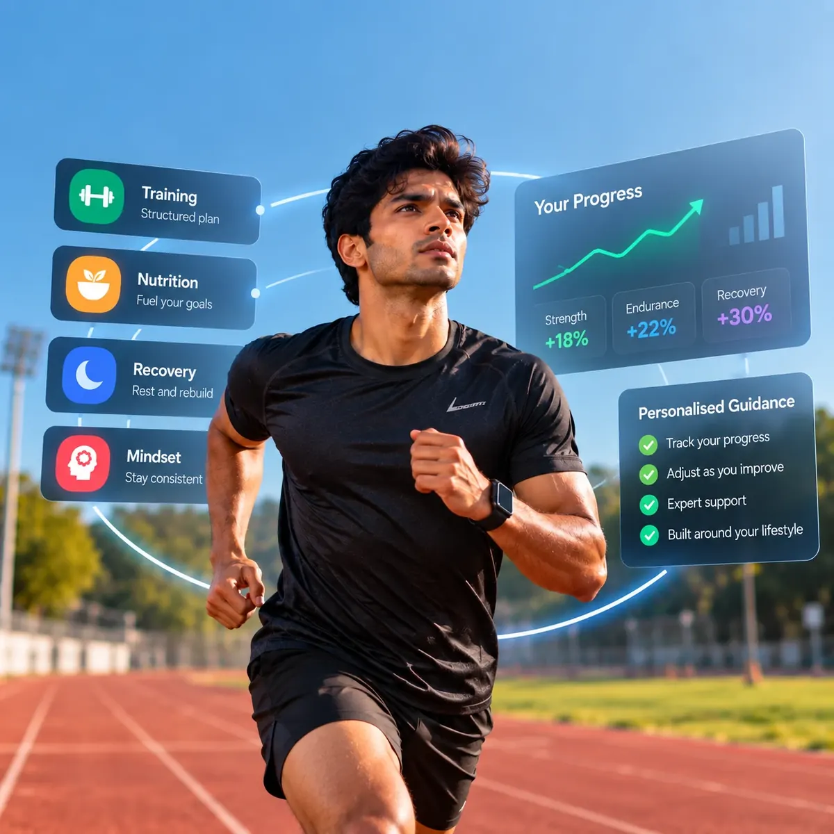 An athlete running on a track, his training, nutrition and recovery progress shown around him.