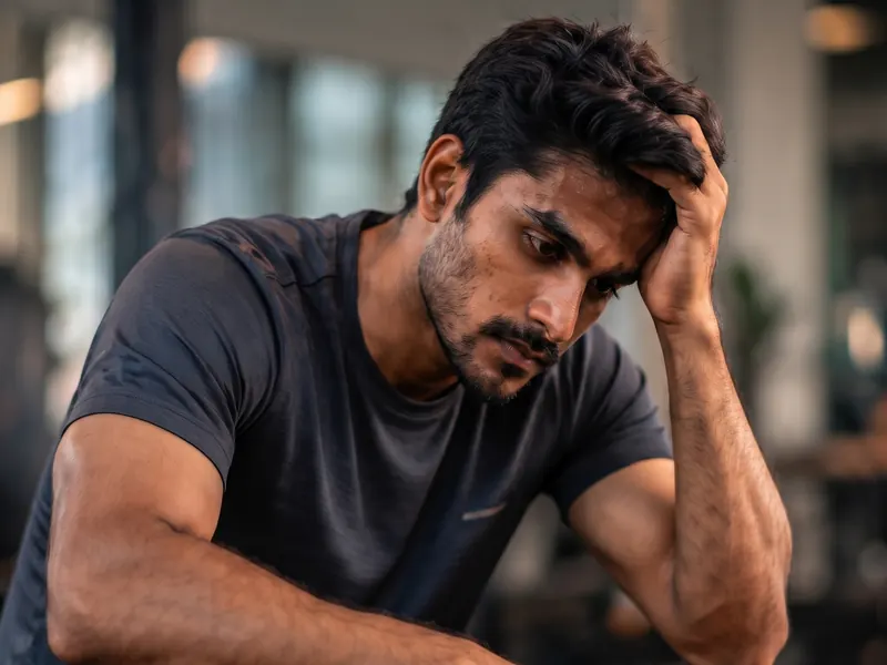 An athlete sitting with his head in his hand, drained.