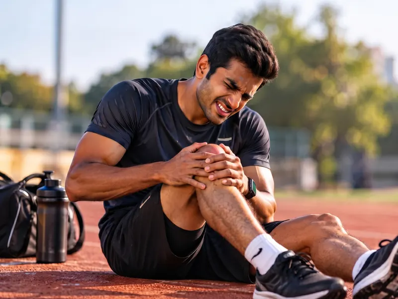 An athlete sitting on a running track, clutching his knee.