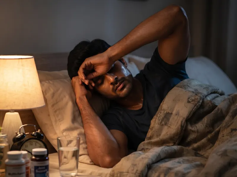 An athlete lying in bed, exhausted, an arm across his forehead.