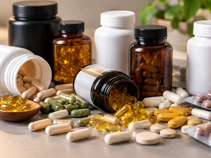 Bottles of supplements spilling capsules and softgels across a table.