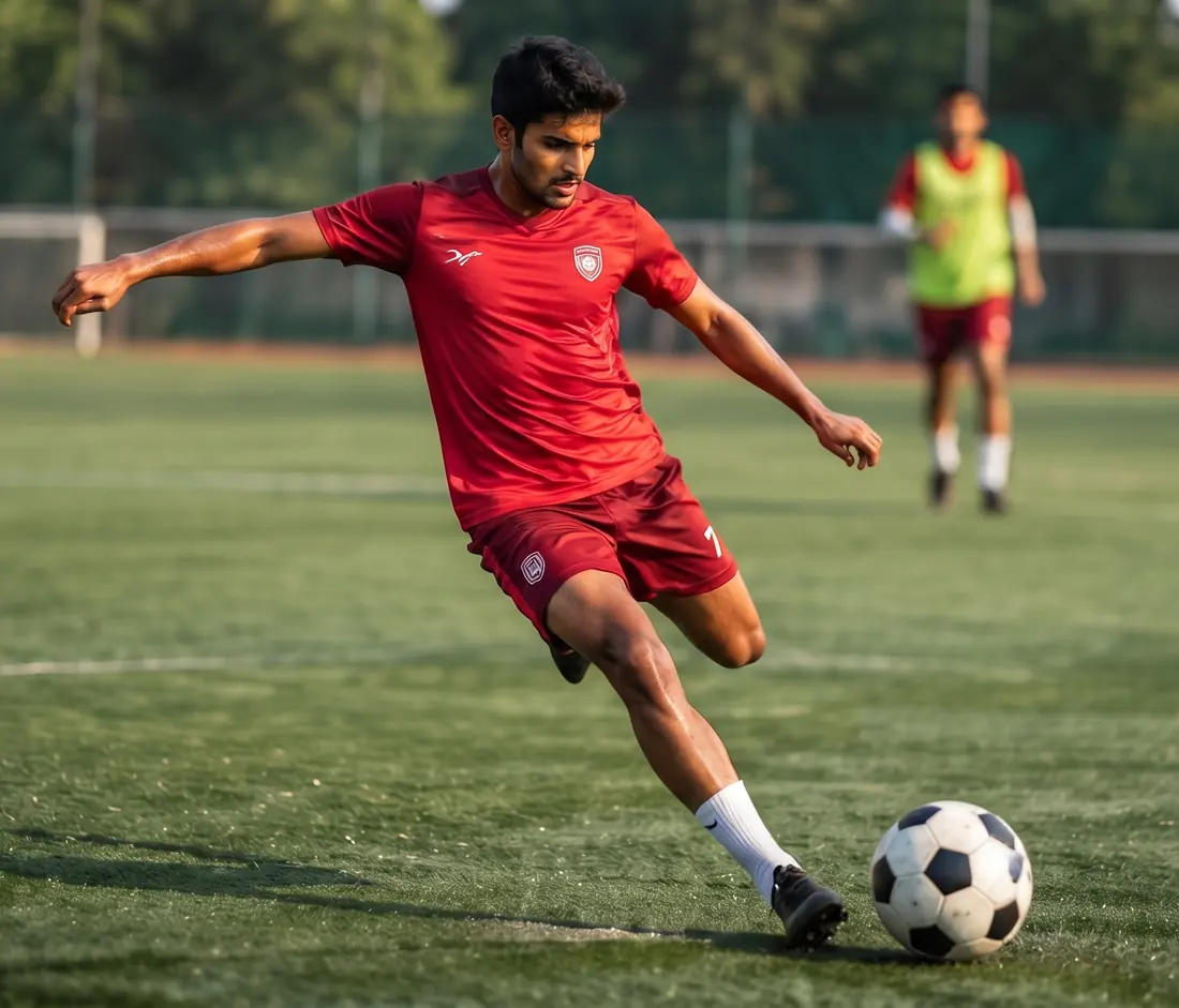 A footballer in a red kit striking the ball on a training pitch.
