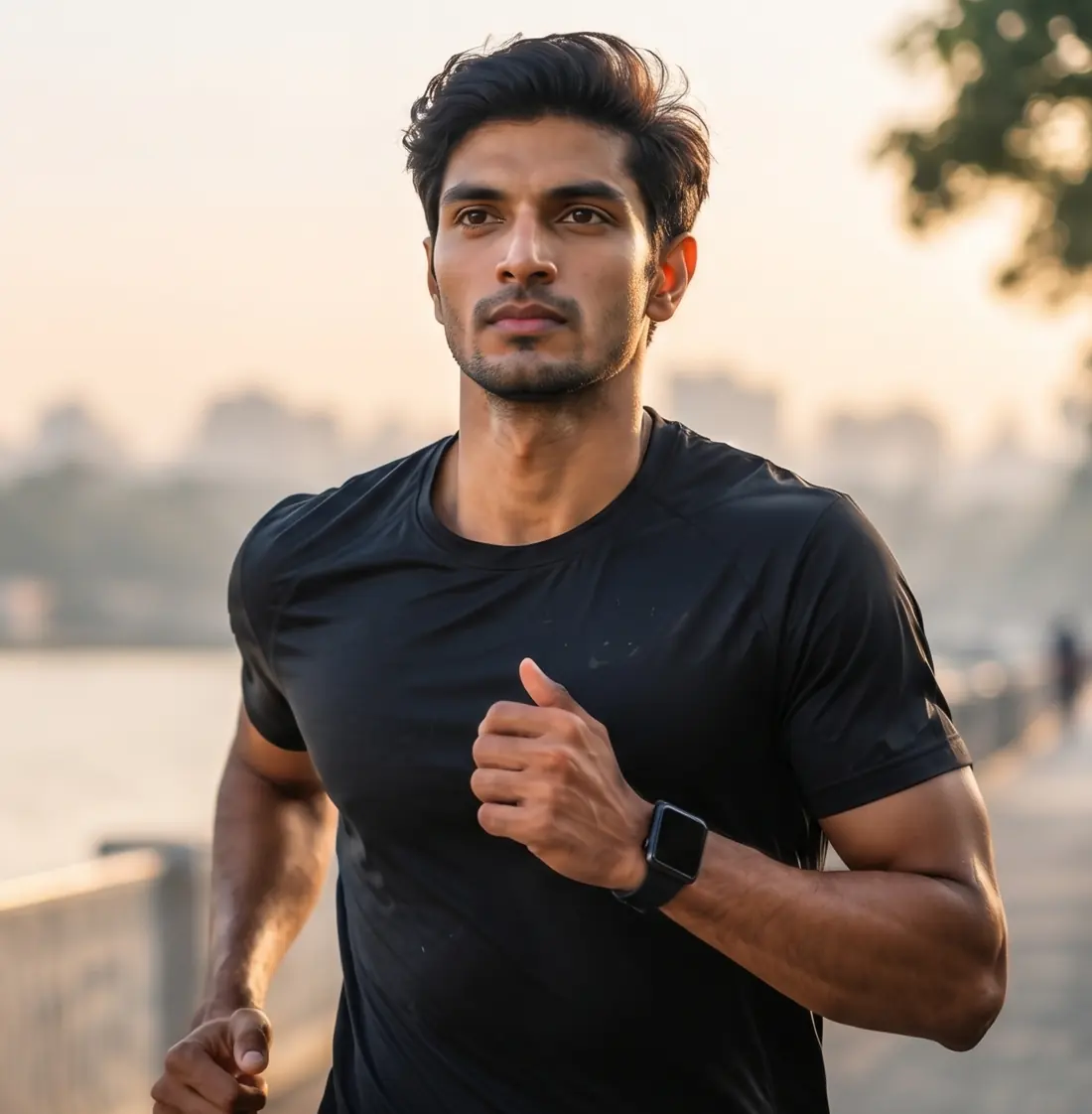 An athlete on an easy run along the waterfront in the early morning.