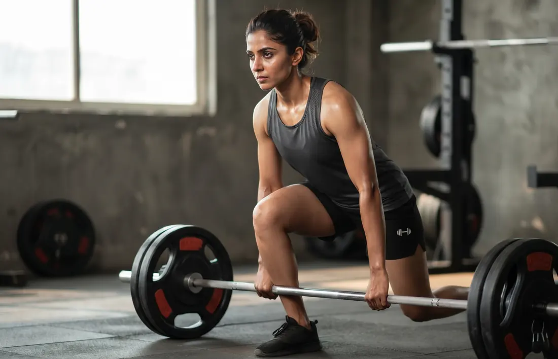 An athlete setting up for a deadlift in the gym, eyes forward.