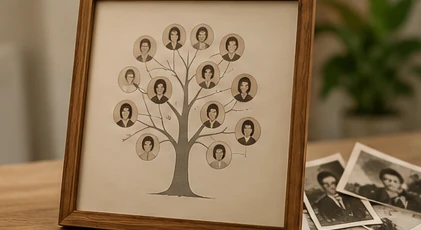 A framed family tree of portraits on a table, old family photographs beside it.