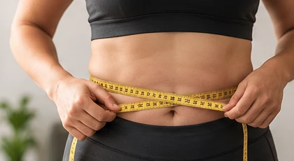 A woman measuring her waist with a tape measure.