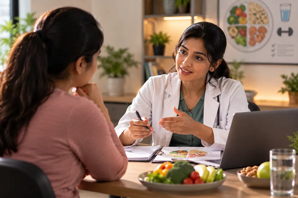 A woman across the desk from her expert, going through her plan together.