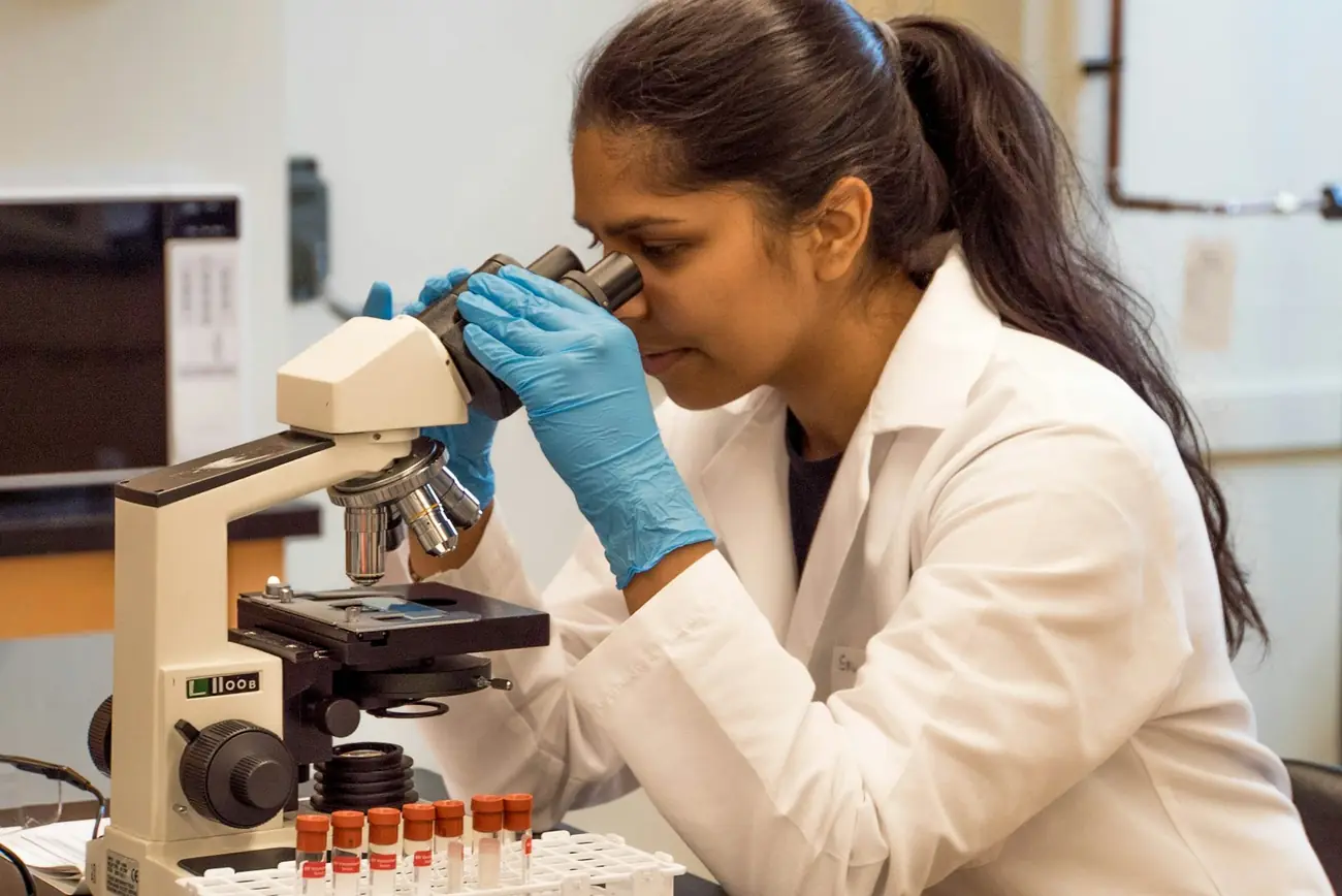 A scientist examining a sample under a microscope in a laboratory.