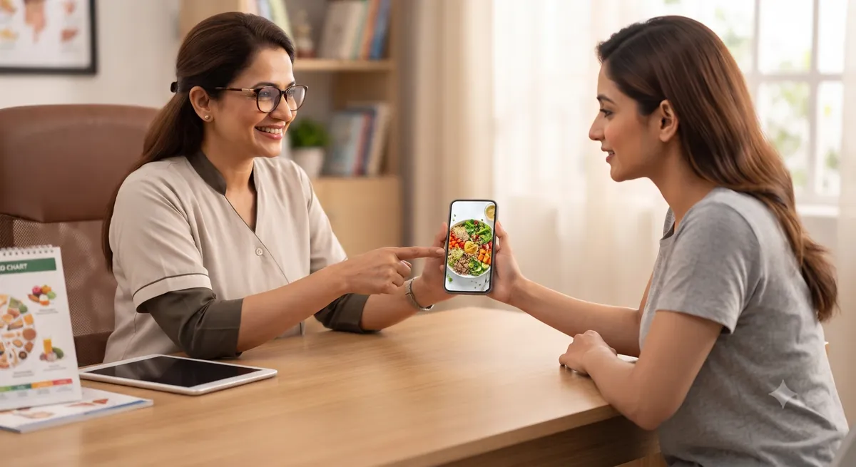 A nutritionist across her desk, pointing a client through a meal on her phone.