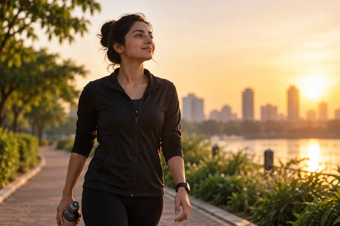 A woman out for an early walk along a waterfront promenade at sunrise.