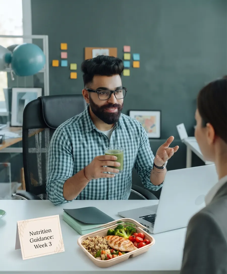 An expert at his desk talking a client through week three of her nutrition guidance.